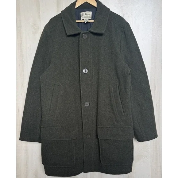 LL Bean 100% Wool Coat Quilted Lining Insulated Zip Mens XL Tall Green - Picture 2 of 8